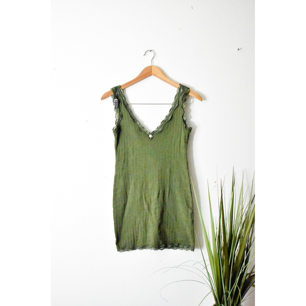 Forever 21 Bodycon Dress Womens S Olive Green Y2K Ribbed Lace Trim Mini 151